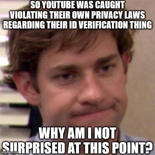 youtube getting L's left and right | SO YOUTUBE WAS CAUGHT VIOLATING THEIR OWN PRIVACY LAWS REGARDING THEIR ID VERIFICATION THING; WHY AM I NOT SURPRISED AT THIS POINT? | image tagged in not surprised face,youtube | made w/ Imgflip meme maker