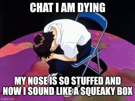 RAHHH | CHAT I AM DYING; MY NOSE IS SO STUFFED AND NOW I SOUND LIKE A SQUEAKY BOX | image tagged in shinji chair | made w/ Imgflip meme maker