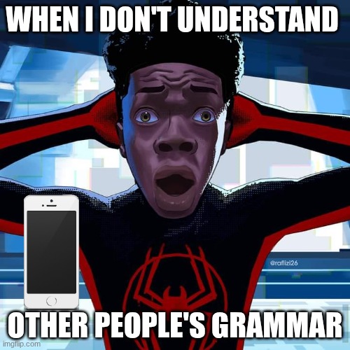Use good grammar when talking to other people | WHEN I DON'T UNDERSTAND; OTHER PEOPLE'S GRAMMAR | image tagged in miles morales | made w/ Imgflip meme maker