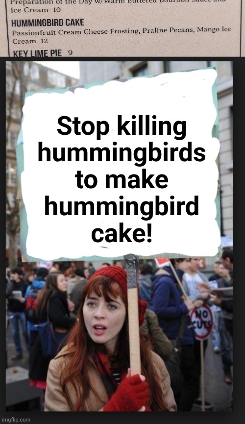 Stop killing
hummingbirds
to make
hummingbird
cake! | image tagged in stop killing x to make y | made w/ Imgflip meme maker