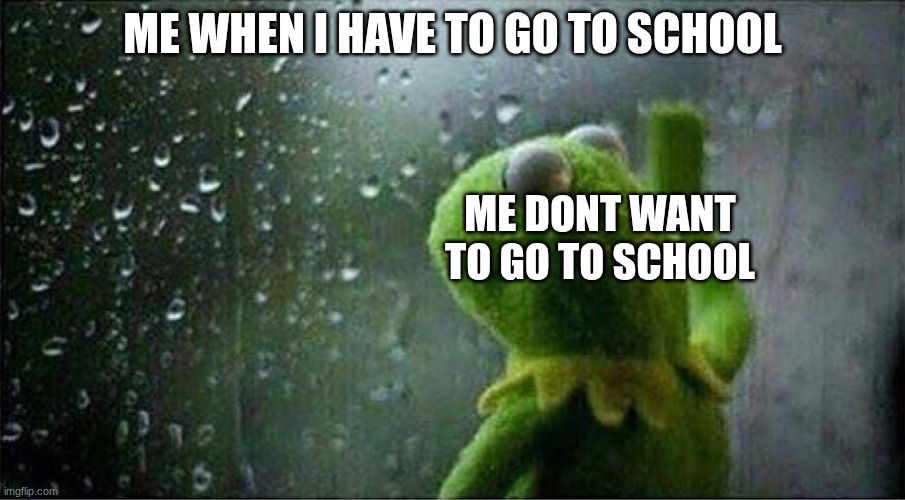 Kermit staring out of window | ME WHEN I HAVE TO GO TO SCHOOL; ME DONT WANT TO GO TO SCHOOL | image tagged in kermit staring out of window | made w/ Imgflip meme maker