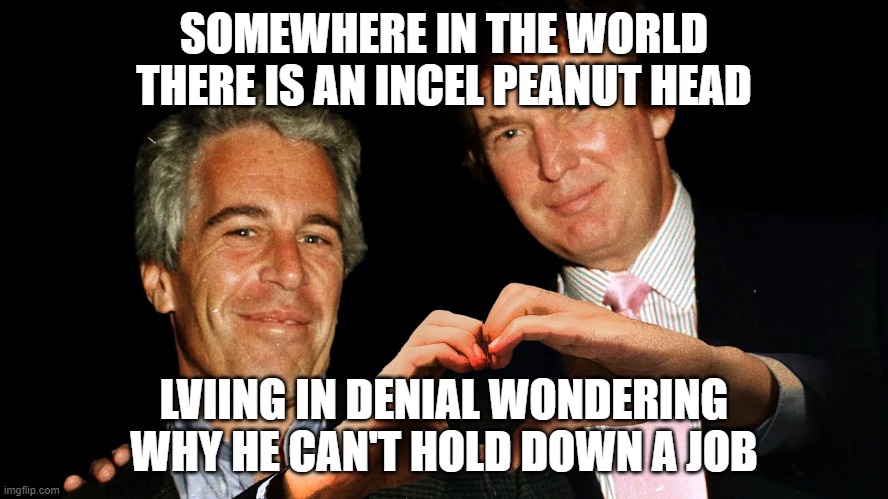 American Incel | SOMEWHERE IN THE WORLD THERE IS AN INCEL PEANUT HEAD; LVIING IN DENIAL WONDERING WHY HE CAN'T HOLD DOWN A JOB | image tagged in trump,pedo,viking,incels | made w/ Imgflip meme maker