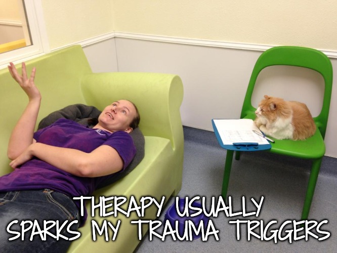 therapist couch | THERAPY USUALLY SPARKS MY TRAUMA TRIGGERS | image tagged in therapist couch | made w/ Imgflip meme maker