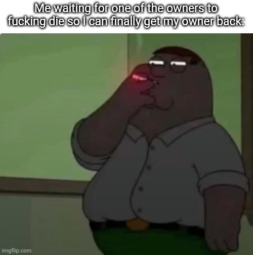 /j... or is it? *vsauce music* (nah it is they probably deserve it more than me anyways) | Me waiting for one of the owners to fucking die so I can finally get my owner back: | image tagged in peter griffin lurking in the dark | made w/ Imgflip meme maker