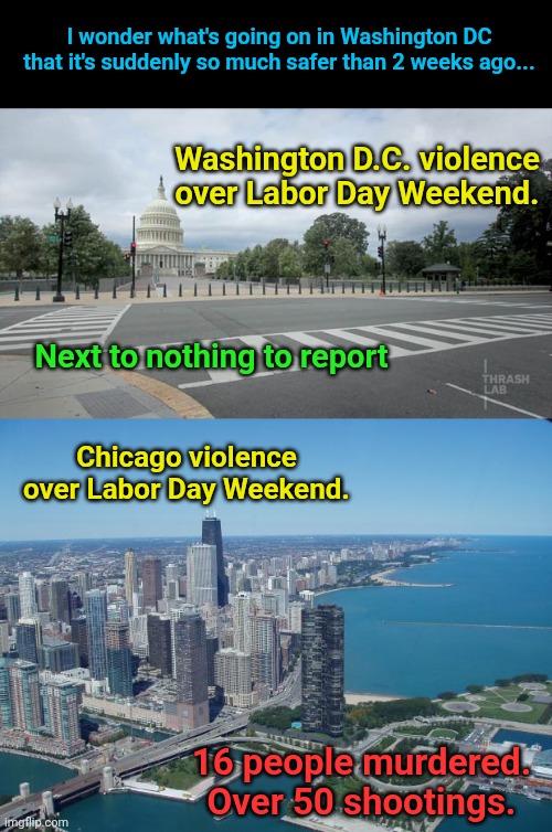 Chicago isn't looking so good ... | I wonder what's going on in Washington DC that it's suddenly so much safer than 2 weeks ago... Washington D.C. violence over Labor Day Weekend. Next to nothing to report; Chicago violence over Labor Day Weekend. 16 people murdered.
Over 50 shootings. | image tagged in empty street in washington dc,chicago | made w/ Imgflip meme maker