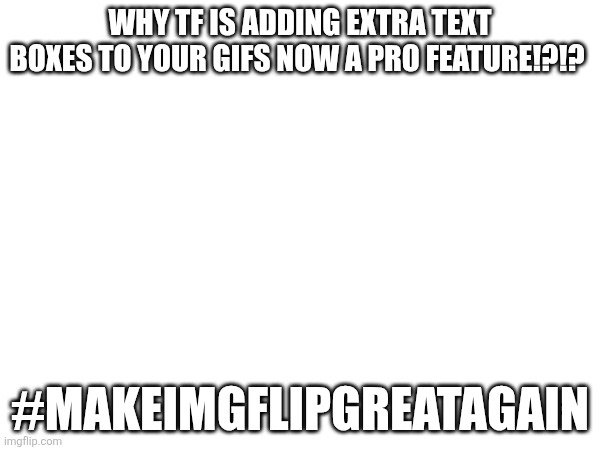 WHY TF IS ADDING EXTRA TEXT BOXES TO YOUR GIFS NOW A PRO FEATURE!?!? #MAKEIMGFLIPGREATAGAIN | image tagged in imgflip pro,sucks | made w/ Imgflip meme maker