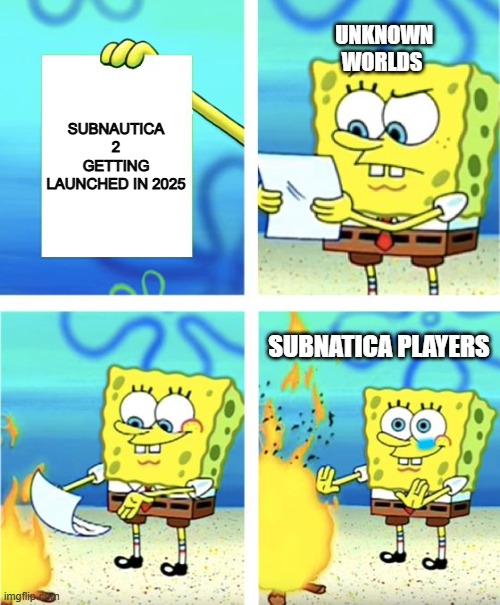 unknown worlds | UNKNOWN WORLDS; SUBNAUTICA 2 GETTING LAUNCHED IN 2025; SUBNATICA PLAYERS; E | image tagged in spongebob burning paper | made w/ Imgflip meme maker