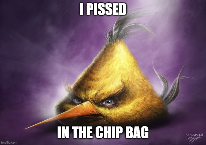 Realistic yellow angry bird | I PISSED; IN THE CHIP BAG | image tagged in realistic yellow angry bird | made w/ Imgflip meme maker