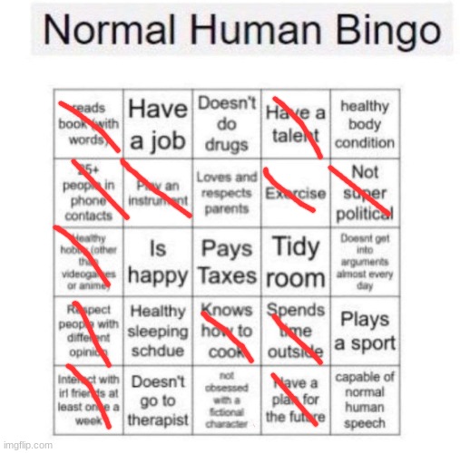Normal human bingo | image tagged in normal human bingo | made w/ Imgflip meme maker