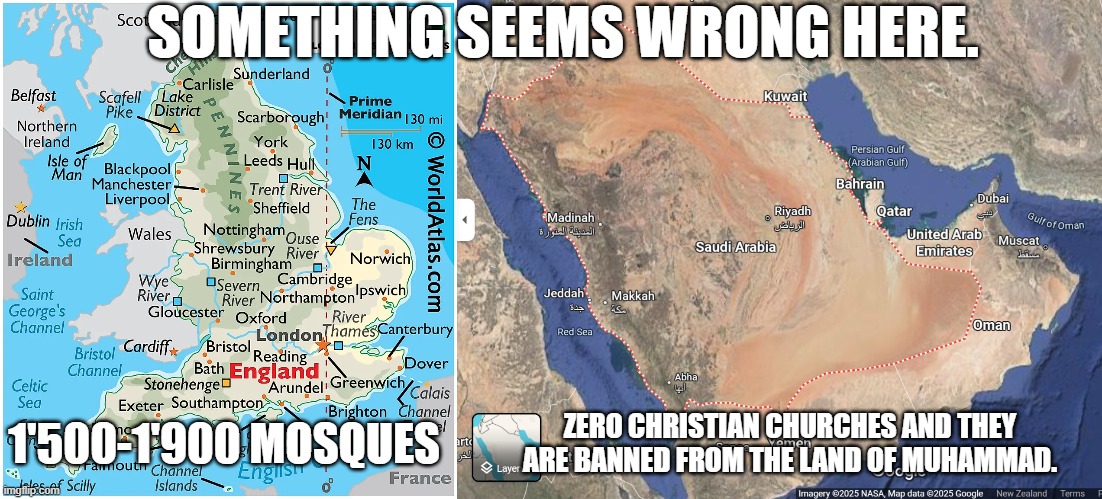 something seems very off here. Surely it should be a 1:1 ratio? | SOMETHING SEEMS WRONG HERE. 1'500-1'900 MOSQUES; ZERO CHRISTIAN CHURCHES AND THEY ARE BANNED FROM THE LAND OF MUHAMMAD. | image tagged in mosques,islam,jesus,christians | made w/ Imgflip meme maker