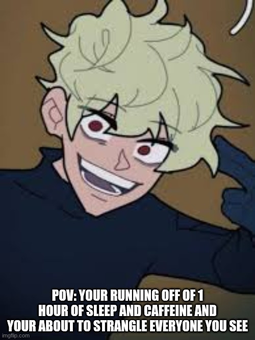 AIDEN CLARK | POV: YOUR RUNNING OFF OF 1 HOUR OF SLEEP AND CAFFEINE AND YOUR ABOUT TO STRANGLE EVERYONE YOU SEE | image tagged in idk what to put here | made w/ Imgflip meme maker