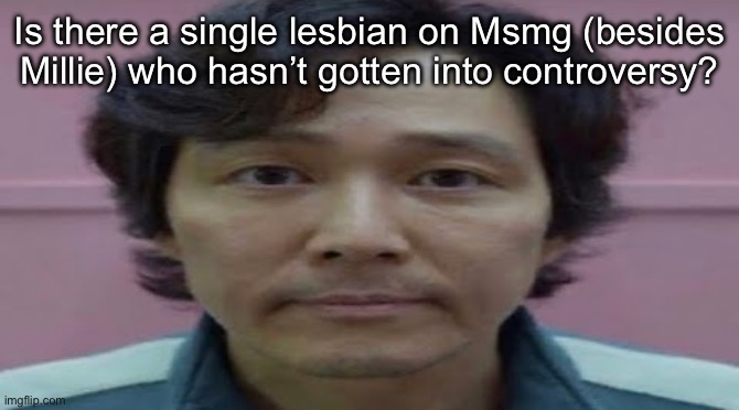 gi hun stare | Is there a single lesbian on Msmg (besides Millie) who hasn’t gotten into controversy? | image tagged in gi hun stare,msmg | made w/ Imgflip meme maker