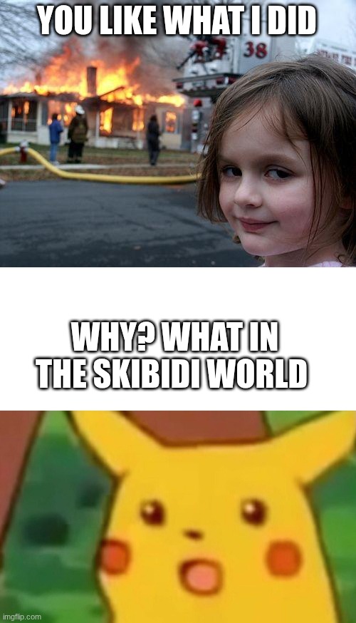 YOU LIKE WHAT I DID; WHY? WHAT IN THE SKIBIDI WORLD | image tagged in memes,disaster girl,surprised pikachu | made w/ Imgflip meme maker