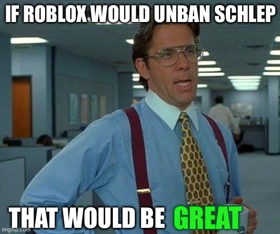 pls roblox | IF ROBLOX WOULD UNBAN SCHLEP; THAT WOULD BE; GREAT | image tagged in memes,that would be great | made w/ Imgflip meme maker