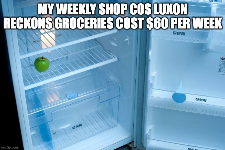 Butter my apple | MY WEEKLY SHOP COS LUXON RECKONS GROCERIES COST $60 PER WEEK | image tagged in empty fridge,new zealand | made w/ Imgflip meme maker