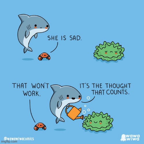image tagged in shark,crab,seaweed,watering can,thought,kindness | made w/ Imgflip meme maker