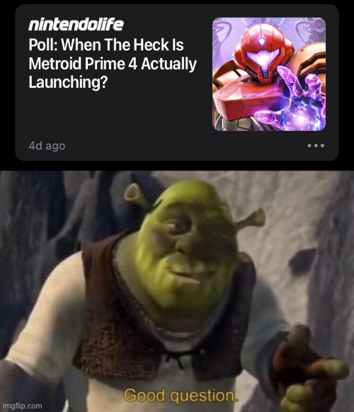 Fingers crossed for September direct | image tagged in shrek good question,nintendo,metroid,fun,meme,funny | made w/ Imgflip meme maker