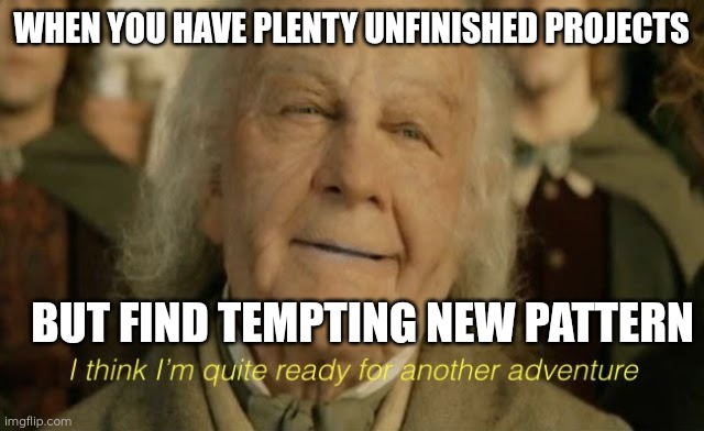 Crafting | WHEN YOU HAVE PLENTY UNFINISHED PROJECTS; BUT FIND TEMPTING NEW PATTERN | image tagged in bilbo ready for another adventure,crafting,crochet,memes,lord of the rings,knitting | made w/ Imgflip meme maker