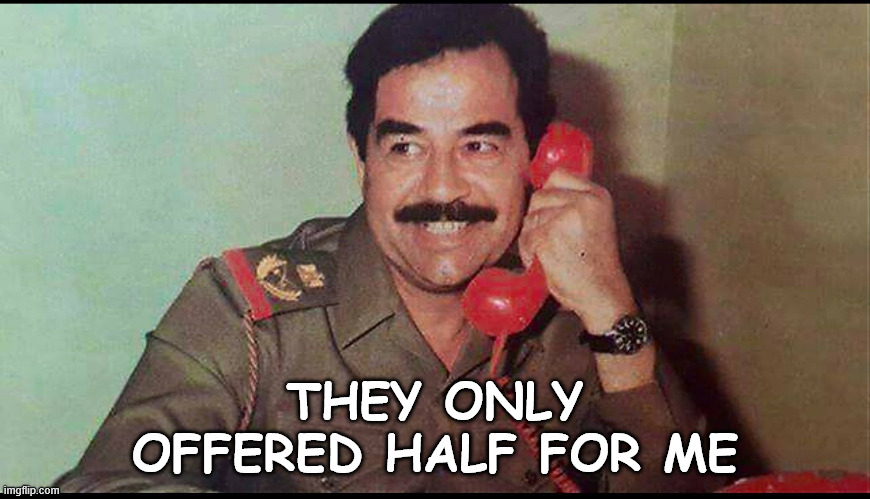 Saddam Hussein | THEY ONLY OFFERED HALF FOR ME | image tagged in saddam hussein | made w/ Imgflip meme maker