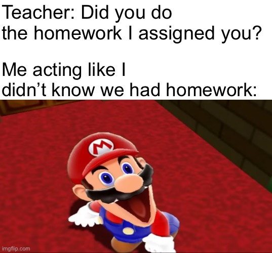 Mario derp | Teacher: Did you do the homework I assigned you? Me acting like I didn’t know we had homework: | image tagged in smg4,school,relatable,memes,homework | made w/ Imgflip meme maker