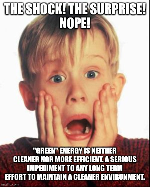 Home Alone Kid  | THE SHOCK! THE SURPRISE!
NOPE! "GREEN" ENERGY IS NEITHER CLEANER NOR MORE EFFICIENT. A SERIOUS IMPEDIMENT TO ANY LONG TERM EFFORT TO MAINTAI | image tagged in home alone kid | made w/ Imgflip meme maker