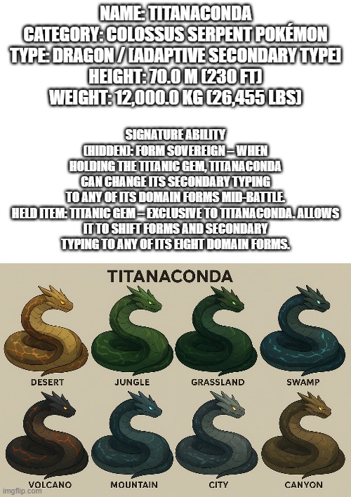 i am taking requests | SIGNATURE ABILITY (HIDDEN): FORM SOVEREIGN – WHEN HOLDING THE TITANIC GEM, TITANACONDA CAN CHANGE ITS SECONDARY TYPING TO ANY OF ITS DOMAIN FORMS MID-BATTLE.

HELD ITEM: TITANIC GEM – EXCLUSIVE TO TITANACONDA. ALLOWS IT TO SHIFT FORMS AND SECONDARY TYPING TO ANY OF ITS EIGHT DOMAIN FORMS. NAME: TITANACONDA
CATEGORY: COLOSSUS SERPENT POKÉMON
TYPE: DRAGON / [ADAPTIVE SECONDARY TYPE]
HEIGHT: 70.0 M (230 FT)
WEIGHT: 12,000.0 KG (26,455 LBS) | image tagged in pokemon,fakemon | made w/ Imgflip meme maker