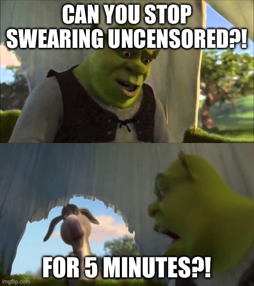 I triple ogre dare you to send the link or send this to someone who swears uncensored | CAN YOU STOP SWEARING UNCENSORED?! FOR 5 MINUTES?! | image tagged in can you not x for five minutes,anti swearing | made w/ Imgflip meme maker