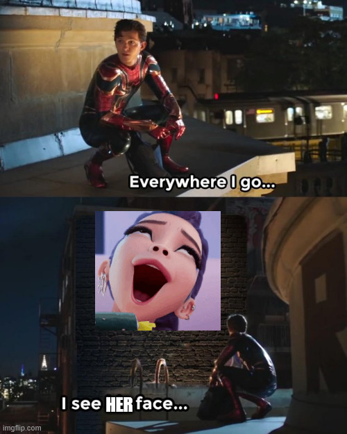Watching literally any video about Kpop Demon Hunters be like: | HER | image tagged in everywhere i go i see his face,memes,kpop demon hunters | made w/ Imgflip meme maker