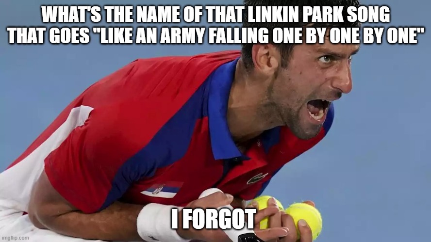 Djokovic screaming | WHAT'S THE NAME OF THAT LINKIN PARK SONG THAT GOES "LIKE AN ARMY FALLING ONE BY ONE BY ONE"; I FORGOT | image tagged in djokovic screaming | made w/ Imgflip meme maker