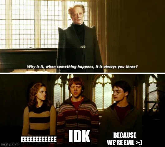 WHY?! | BECAUSE WE'RE EVIL >:); EEEEEEEEEEEE; IDK | image tagged in always you three,why,harry potter,harry potter meme,hermione granger,ron weasley | made w/ Imgflip meme maker
