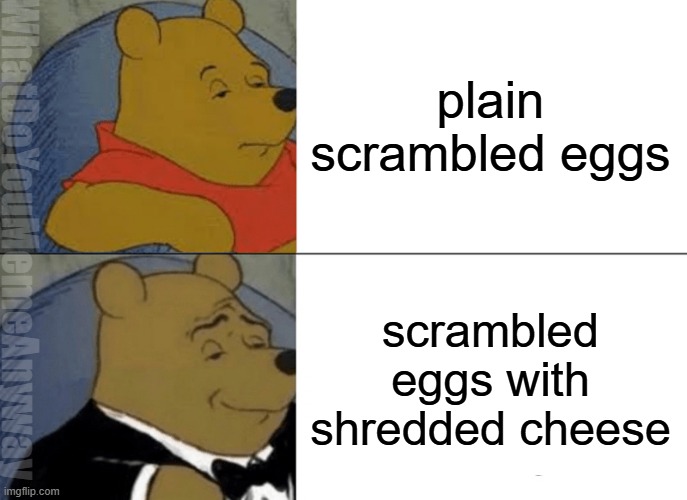 There's only one right way . . . | plain scrambled eggs; WhatDoYouMemeAnyway; scrambled eggs with shredded cheese | image tagged in memes,tuxedo winnie the pooh | made w/ Imgflip meme maker