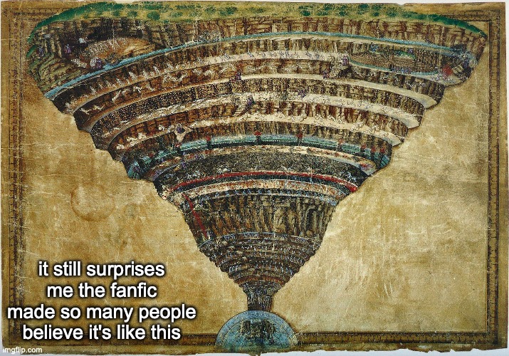 dante's inferno | it still surprises me the fanfic made so many people believe it's like this | image tagged in dante's inferno | made w/ Imgflip meme maker