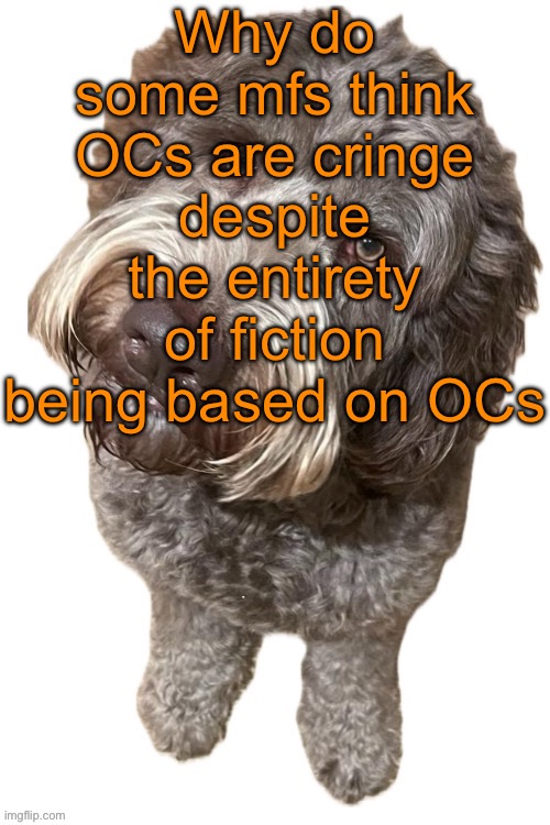 Like, Spider-Man is Stan Lee‘s OC, the big brother is George Orwell‘s OC, y‘all get the point | Why do some mfs think OCs are cringe despite the entirety of fiction being based on OCs | image tagged in norther's dog | made w/ Imgflip meme maker