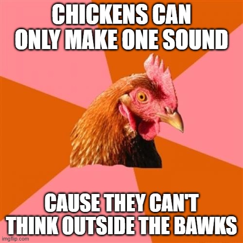 Chicken Sounds | CHICKENS CAN ONLY MAKE ONE SOUND; CAUSE THEY CAN'T THINK OUTSIDE THE BAWKS | image tagged in memes,anti joke chicken | made w/ Imgflip meme maker