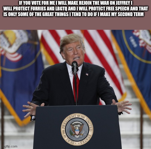 trump | IF YOU VOTE FOR ME I WILL MAKE REJOIN THE WAR ON JEFFREY I WILL PROTECT FURRIES AND LBGTQ AND I WILL PROTECT FREE SPEECH AND THAT IS ONLY SOME OF THE GREAT THINGS I TEND TO DO IF I MAKE MY SECOND TERM | image tagged in trump | made w/ Imgflip meme maker