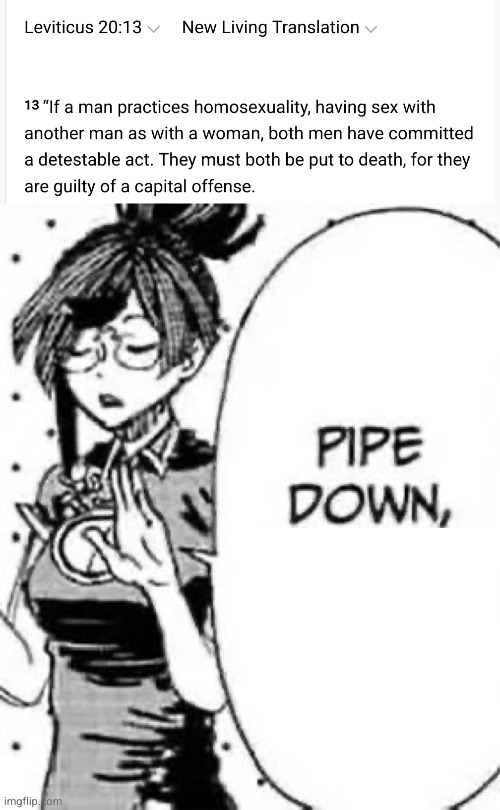 Bible kinda fire rn | image tagged in pipe down tranny,bible | made w/ Imgflip meme maker