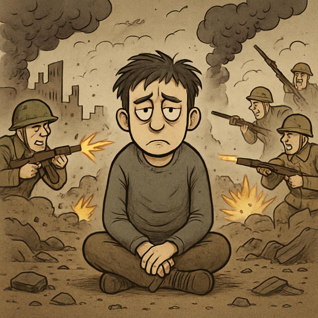Depressed guy want to stay neutral middle of war Blank Meme Template