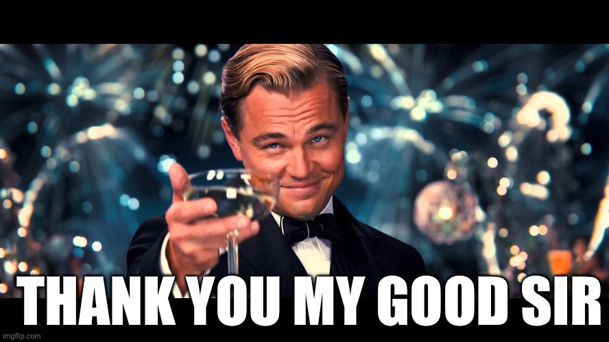 lionardo dicaprio thank you | THANK YOU MY GOOD SIR | image tagged in lionardo dicaprio thank you | made w/ Imgflip meme maker
