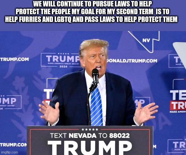 trump | WE WILL CONTINUE TO PURSUE LAWS TO HELP PROTECT THE PEOPLE MY GOAL FOR MY SECOND TERM  IS TO HELP FURRIES AND LGBTQ AND PASS LAWS TO HELP PR | image tagged in trump | made w/ Imgflip meme maker