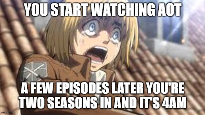 2 seasons in | YOU START WATCHING AOT; A FEW EPISODES LATER YOU'RE TWO SEASONS IN AND IT'S 4AM | image tagged in aot memes | made w/ Imgflip meme maker