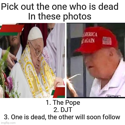 Trump not looking good these days | Pick out the one who is dead 
In these photos; 1. The Pope


2. DJT



3. One is dead, the other will soon follow | image tagged in trump pope,dying,maybe,not looking healthy,health issues | made w/ Imgflip meme maker