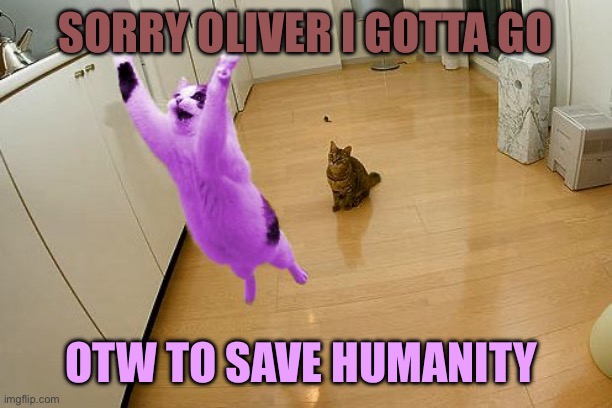 RayCat save the world | SORRY OLIVER I GOTTA GO OTW TO SAVE HUMANITY | image tagged in raycat save the world | made w/ Imgflip meme maker