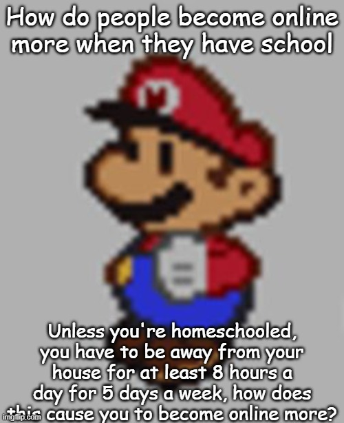 Crashes Paper Mario | How do people become online more when they have school; Unless you're homeschooled, you have to be away from your house for at least 8 hours a day for 5 days a week, how does this cause you to become online more? | image tagged in crashes paper mario | made w/ Imgflip meme maker