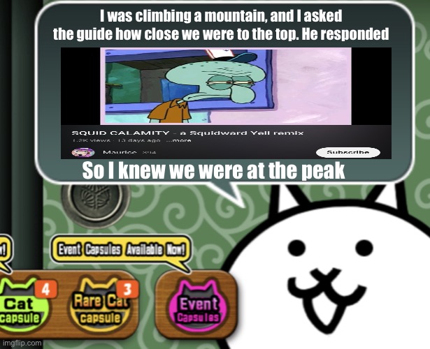 The basic cat says something | I was climbing a mountain, and I asked the guide how close we were to the top. He responded; So I knew we were at the peak | image tagged in the basic cat says something | made w/ Imgflip meme maker