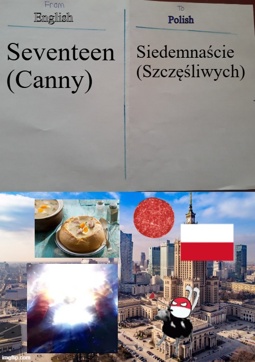 Mr Incredibe in different languages: Part 1AA | English; Polish; Seventeen (Canny); Siedemnaście (Szczęśliwych) | image tagged in imgflip translator,warsaw,polish,english to polish | made w/ Imgflip meme maker