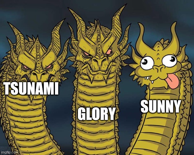 join my stream | GLORY; TSUNAMI; SUNNY | image tagged in three dragons | made w/ Imgflip meme maker
