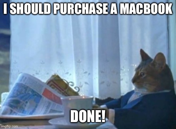 I should buy a MacBook | I SHOULD PURCHASE A MACBOOK; DONE! | image tagged in memes,i should buy a boat cat,cat,cute cat,business cat,cute cats | made w/ Imgflip meme maker