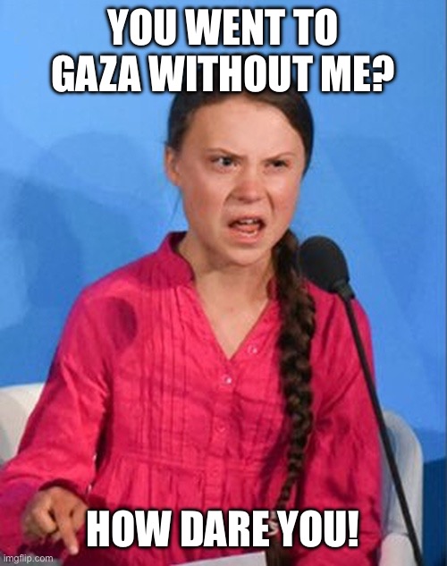 How dare you: you went to Gaza without me! | YOU WENT TO GAZA WITHOUT ME? HOW DARE YOU! | image tagged in greta thunberg how dare you,how dare you,greta thunberg,crazy lady,travel,say that again i dare you | made w/ Imgflip meme maker