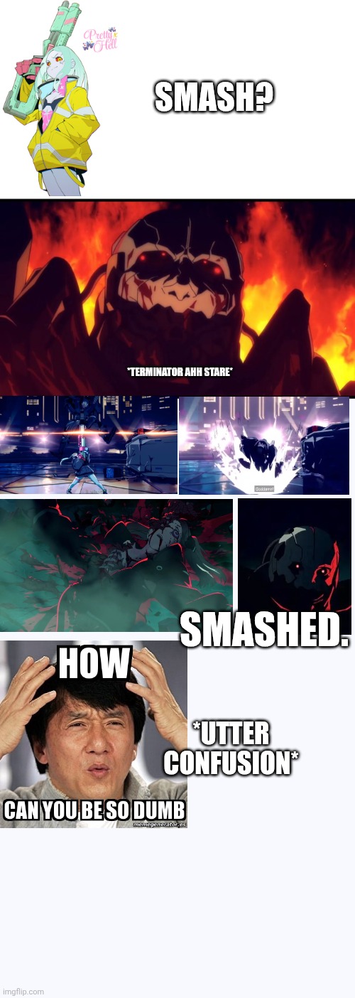SMASH? *TERMINATOR AHH STARE*; SMASHED. *UTTER CONFUSION* | image tagged in white plain background | made w/ Imgflip meme maker