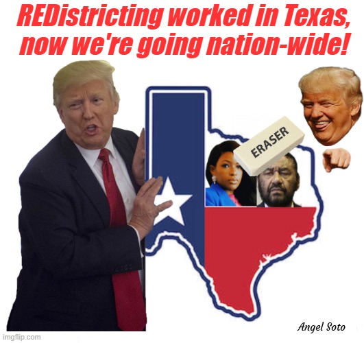 Trump erased Al Green and Jasmine Crockett from Texas map | REDistricting worked in Texas,
now we're going nation-wide! Angel Soto | image tagged in al green and jasmine crockett erased from texas map,trump,al green,jasmine crockett,texas,electoral college | made w/ Imgflip meme maker